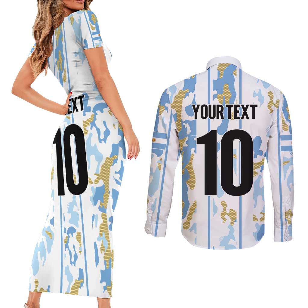 Custom Argentina Football Couples Matching Short Sleeve Bodycon Dress and Long Sleeve Button Shirt Vamos La Albiceleste Camouflage Style - Wonder Print Shop