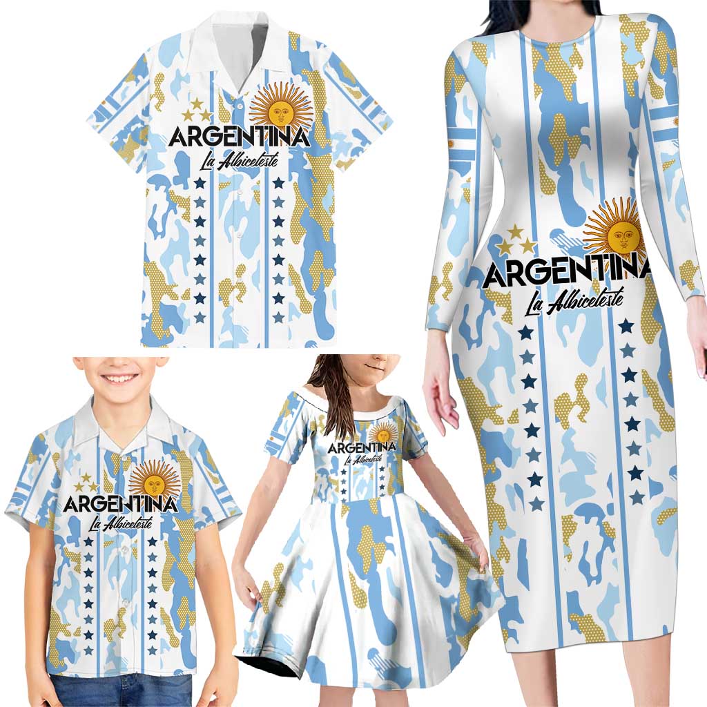 Custom Argentina Football Family Matching Long Sleeve Bodycon Dress and Hawaiian Shirt Vamos La Albiceleste Camouflage Style - Wonder Print Shop