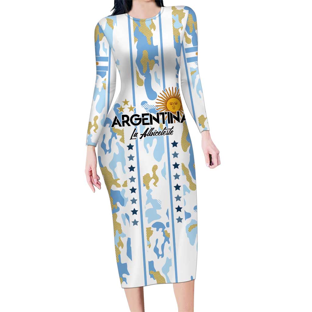 Custom Argentina Football Family Matching Long Sleeve Bodycon Dress and Hawaiian Shirt Vamos La Albiceleste Camouflage Style - Wonder Print Shop