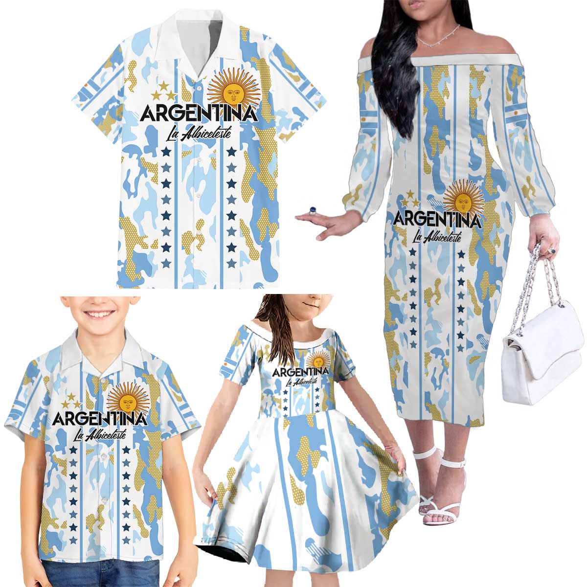 Custom Argentina Football Family Matching Off The Shoulder Long Sleeve Dress and Hawaiian Shirt Vamos La Albiceleste Camouflage Style - Wonder Print Shop