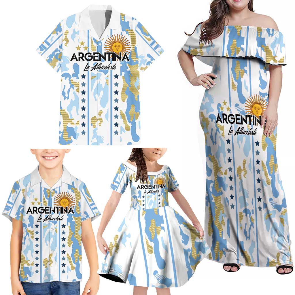 Custom Argentina Football Family Matching Off Shoulder Maxi Dress and Hawaiian Shirt Vamos La Albiceleste Camouflage Style - Wonder Print Shop