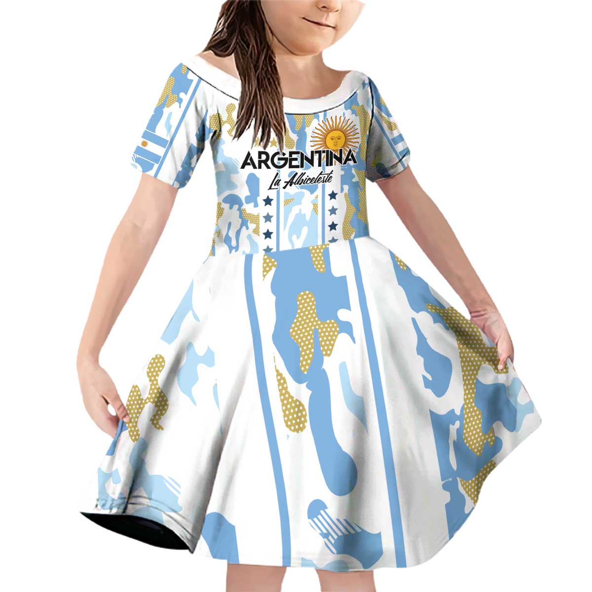 Custom Argentina Football Family Matching Off Shoulder Short Dress and Hawaiian Shirt Vamos La Albiceleste Camouflage Style - Wonder Print Shop