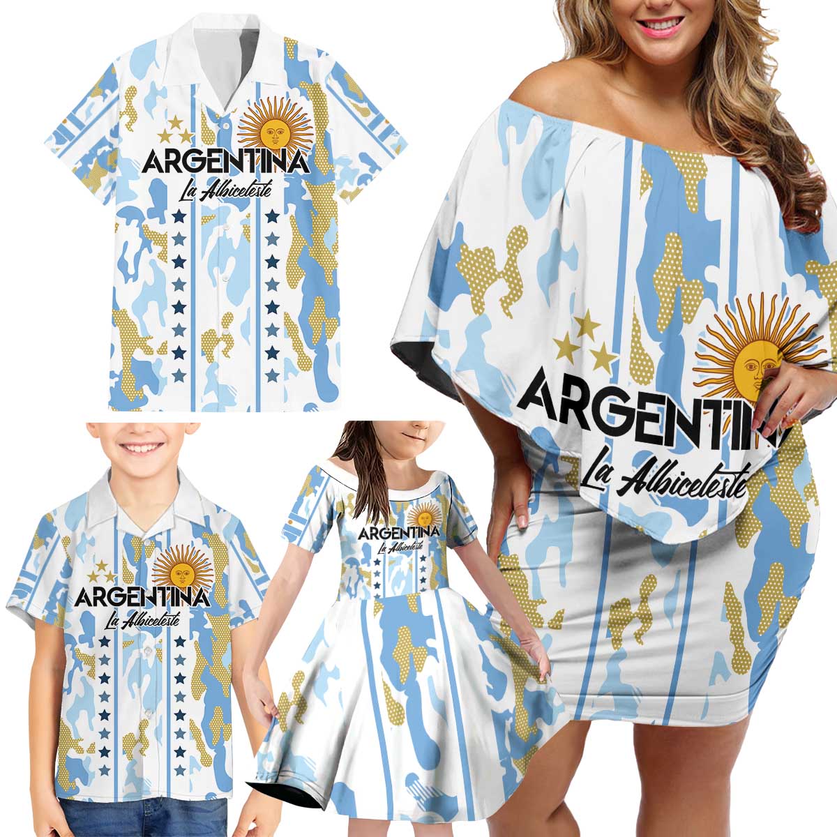 Custom Argentina Football Family Matching Off Shoulder Short Dress and Hawaiian Shirt Vamos La Albiceleste Camouflage Style - Wonder Print Shop
