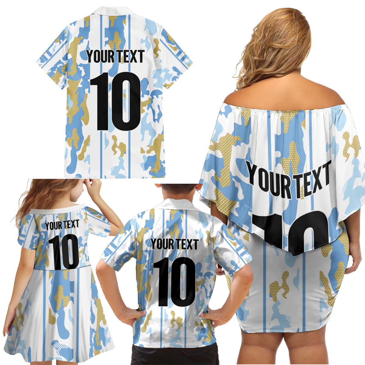 Custom Argentina Football Family Matching Off Shoulder Short Dress and Hawaiian Shirt Vamos La Albiceleste Camouflage Style - Wonder Print Shop