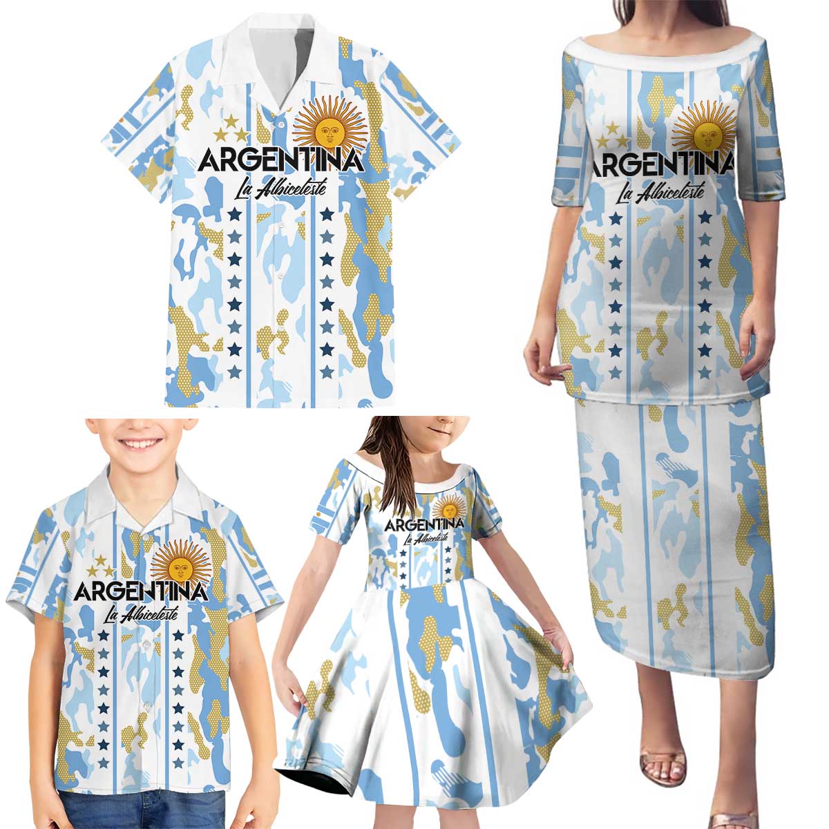 Custom Argentina Football Family Matching Puletasi and Hawaiian Shirt Vamos La Albiceleste Camouflage Style - Wonder Print Shop