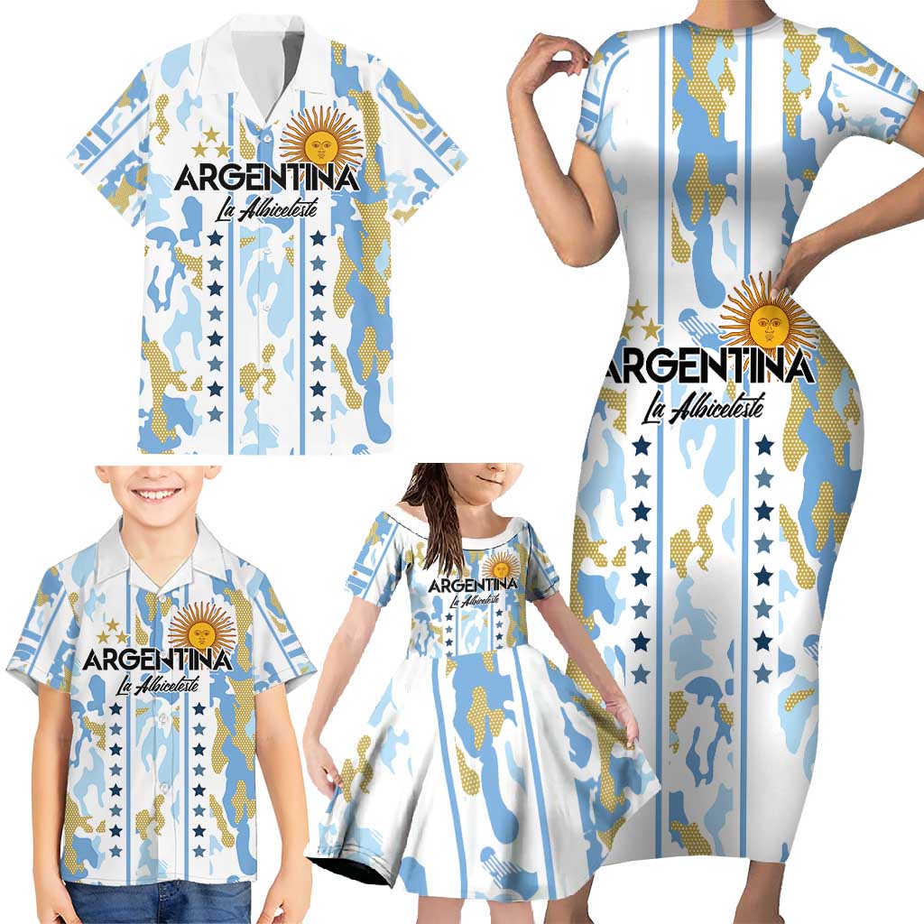 Custom Argentina Football Family Matching Short Sleeve Bodycon Dress and Hawaiian Shirt Vamos La Albiceleste Camouflage Style - Wonder Print Shop