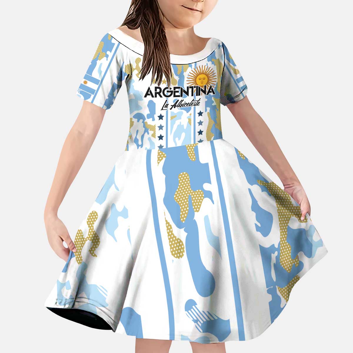 Custom Argentina Football Kid Short Sleeve Dress Vamos La Albiceleste Camouflage Style - Wonder Print Shop