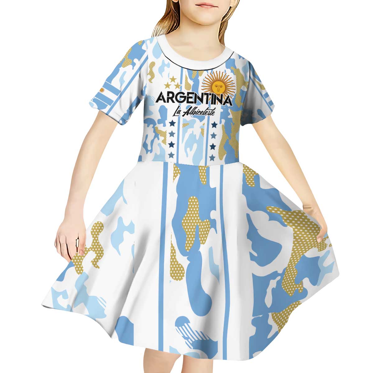 Custom Argentina Football Kid Short Sleeve Dress Vamos La Albiceleste Camouflage Style - Wonder Print Shop