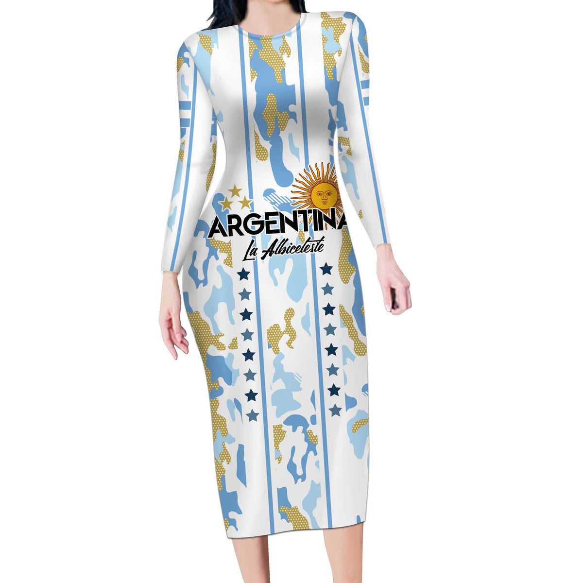 Custom Argentina Football Long Sleeve Bodycon Dress Vamos La Albiceleste Camouflage Style - Wonder Print Shop