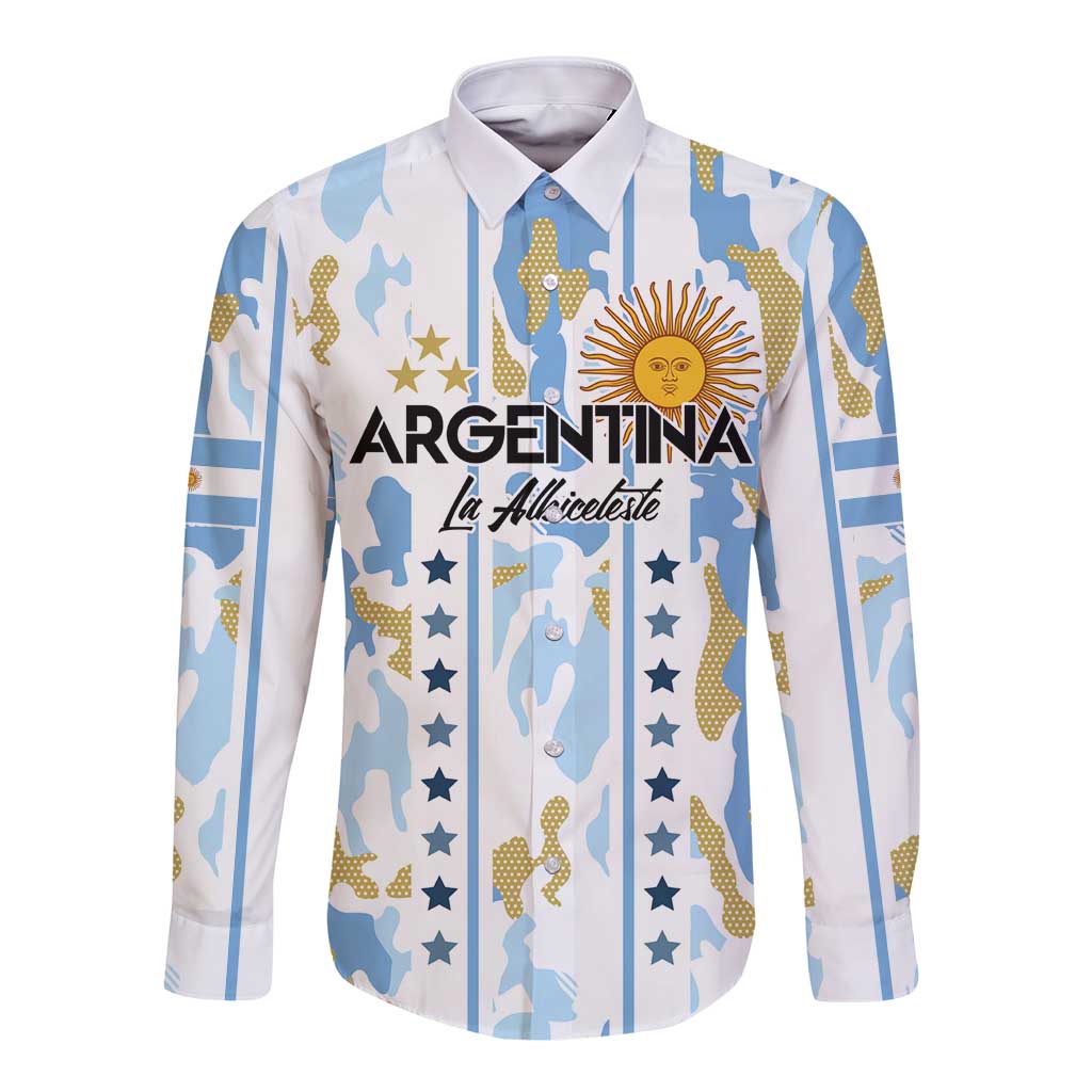 Custom Argentina Football Long Sleeve Button Shirt Vamos La Albiceleste Camouflage Style - Wonder Print Shop