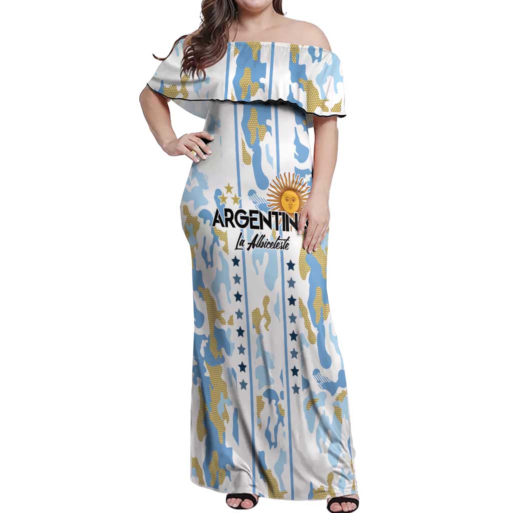 Custom Argentina Football Off Shoulder Maxi Dress Vamos La Albiceleste Camouflage Style - Wonder Print Shop