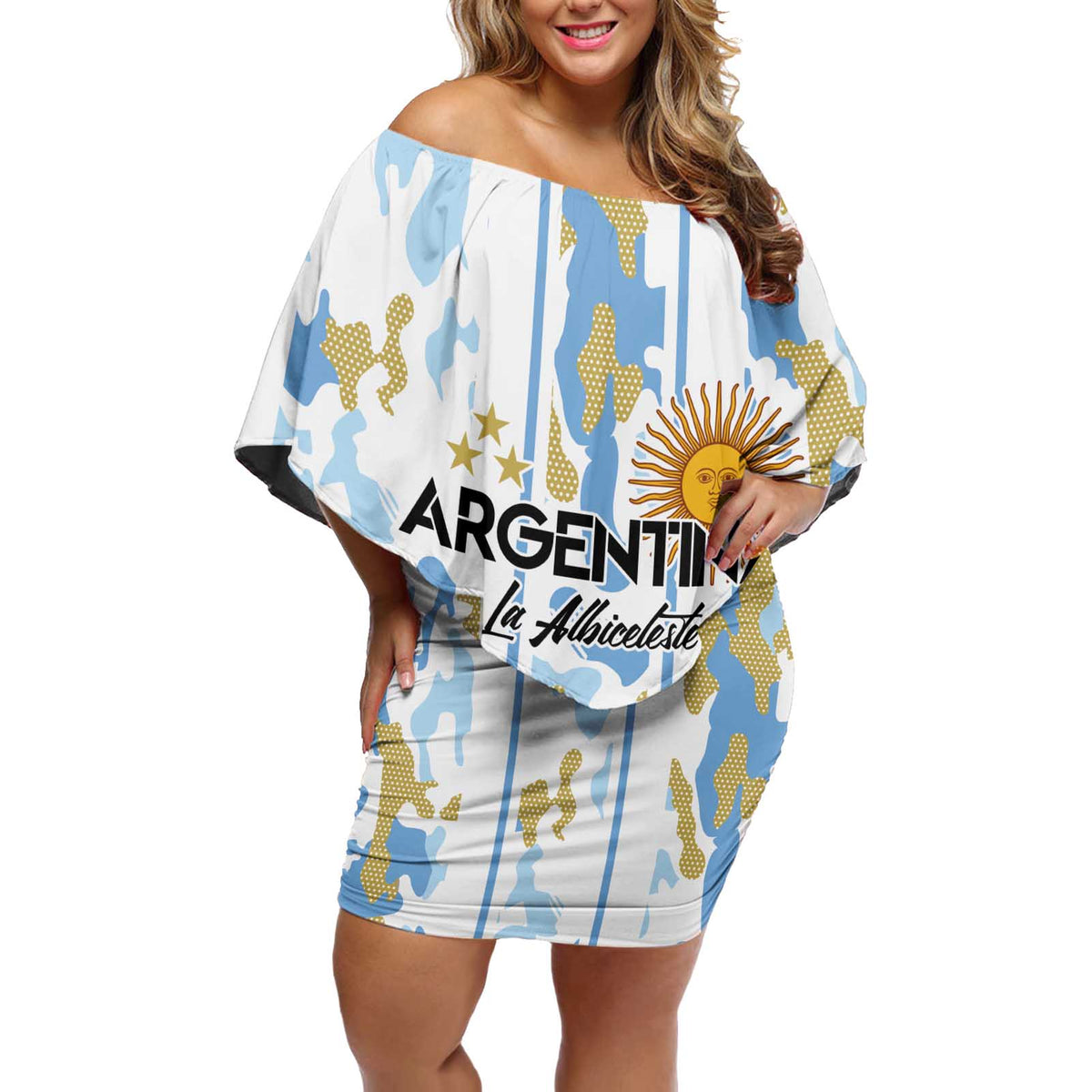 Custom Argentina Football Off Shoulder Short Dress Vamos La Albiceleste Camouflage Style - Wonder Print Shop