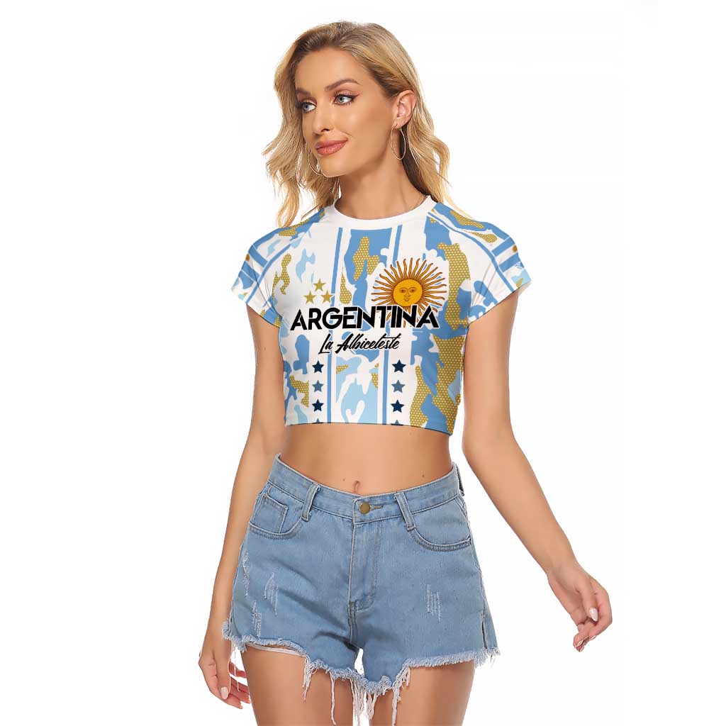 Custom Argentina Football Raglan Cropped T Shirt Vamos La Albiceleste Camouflage Style - Wonder Print Shop