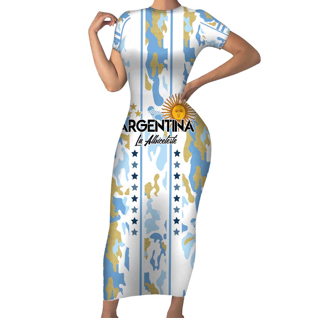 Custom Argentina Football Short Sleeve Bodycon Dress Vamos La Albiceleste Camouflage Style - Wonder Print Shop