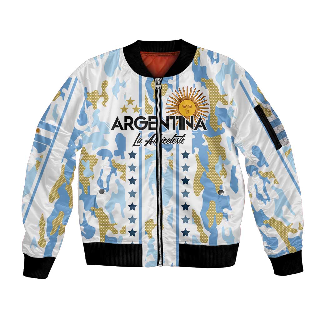 Custom Argentina Football Sleeve Zip Bomber Jacket Vamos La Albiceleste Camouflage Style - Wonder Print Shop