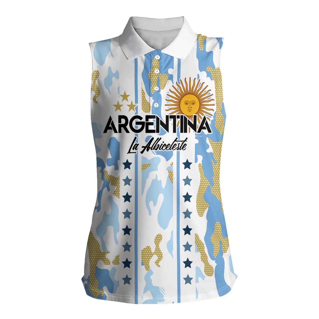 Custom Argentina Football Women Sleeveless Polo Shirt Vamos La Albiceleste Camouflage Style - Wonder Print Shop