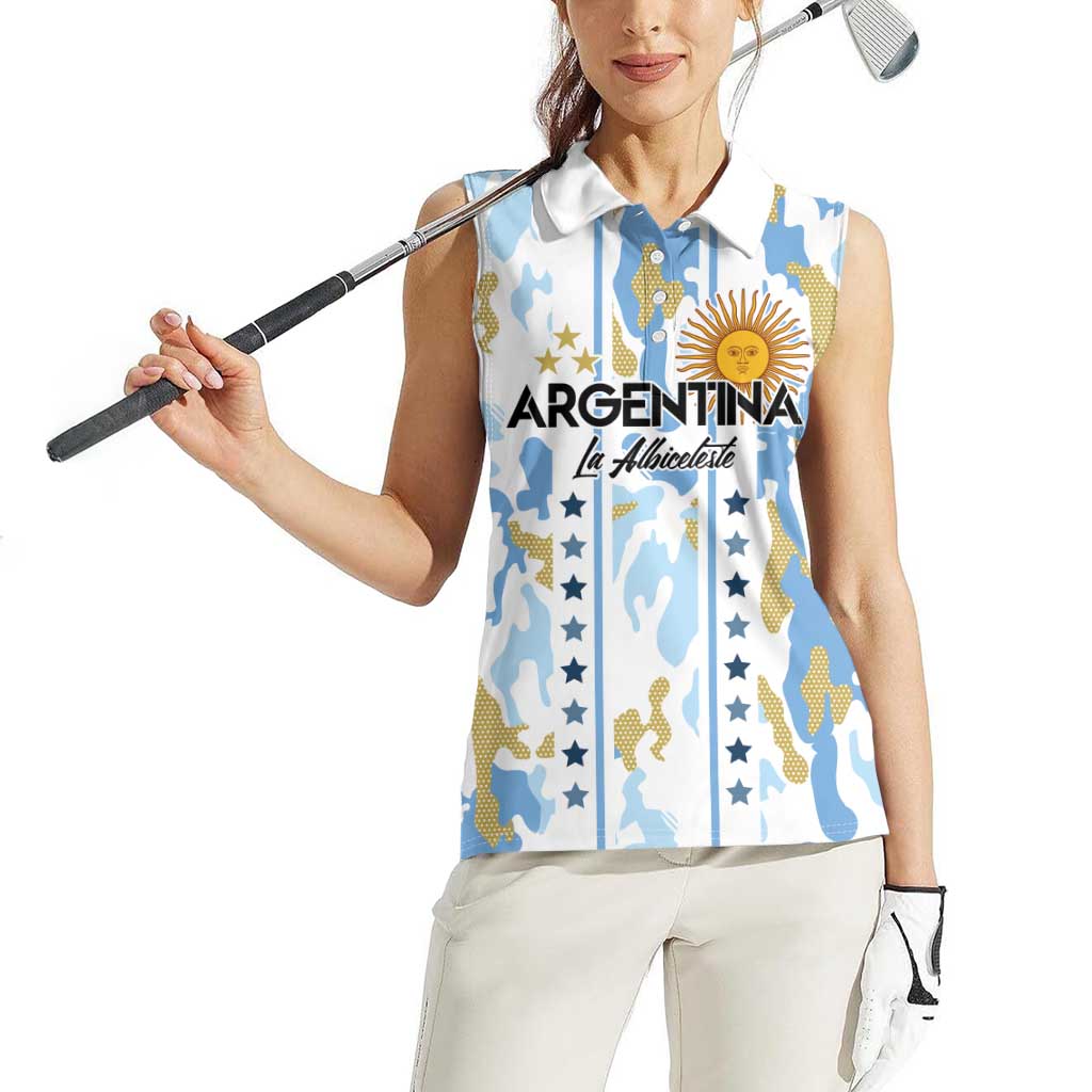 Custom Argentina Football Women Sleeveless Polo Shirt Vamos La Albiceleste Camouflage Style - Wonder Print Shop