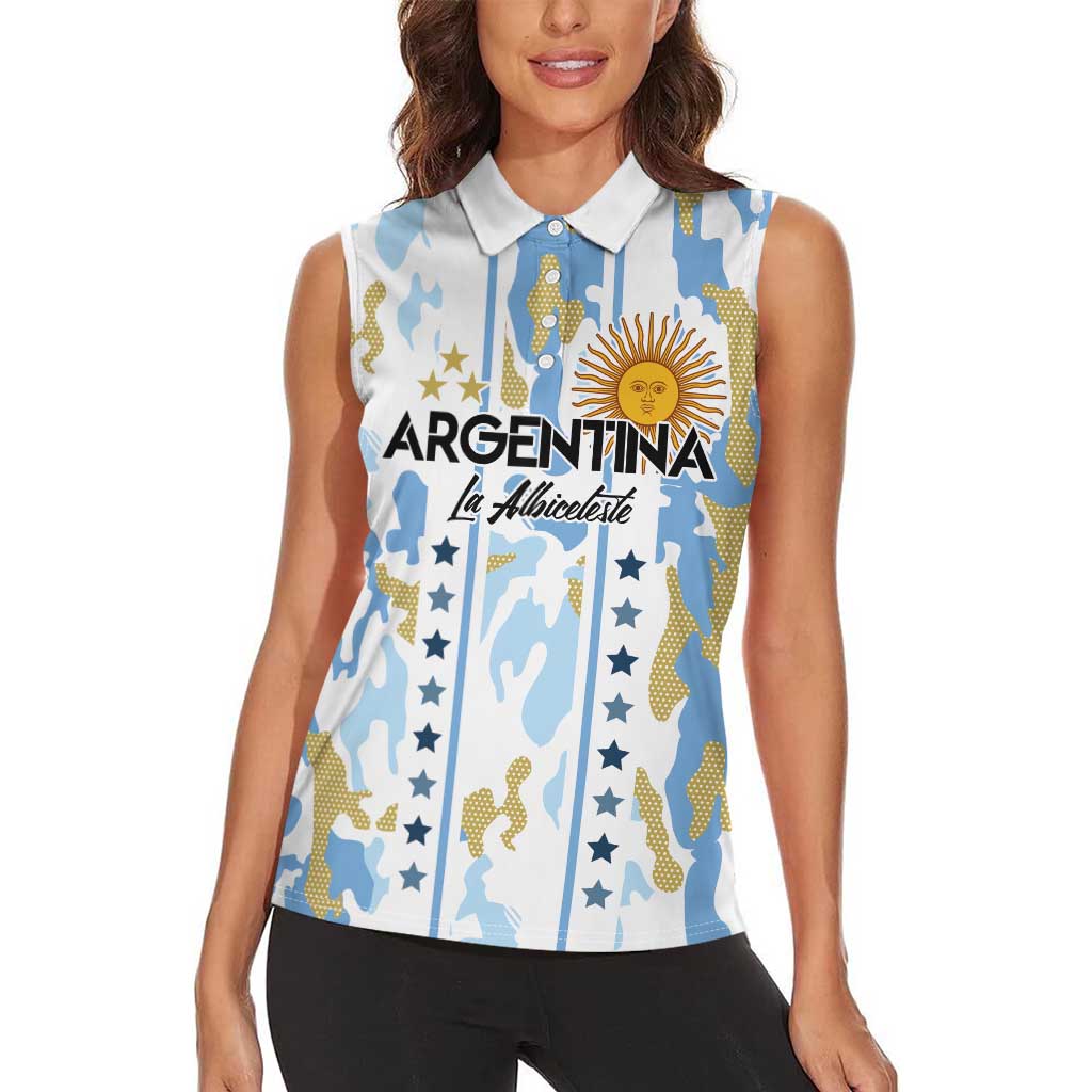Custom Argentina Football Women Sleeveless Polo Shirt Vamos La Albiceleste Camouflage Style - Wonder Print Shop