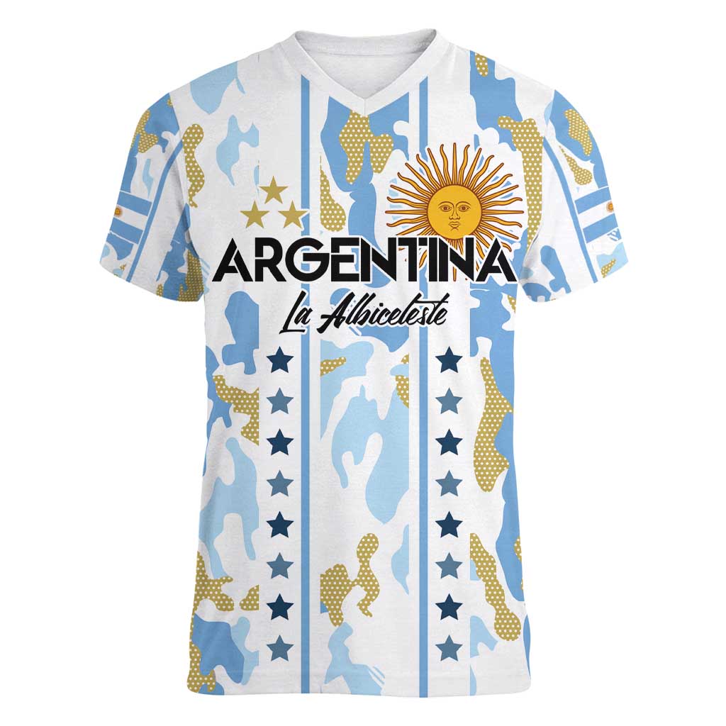 Custom Argentina Football Women V-Neck T-Shirt Vamos La Albiceleste Camouflage Style - Wonder Print Shop