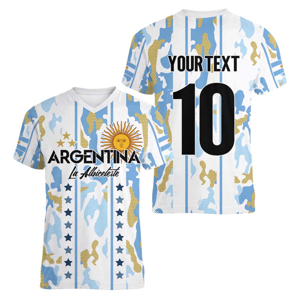 Custom Argentina Football Women V-Neck T-Shirt Vamos La Albiceleste Camouflage Style - Wonder Print Shop
