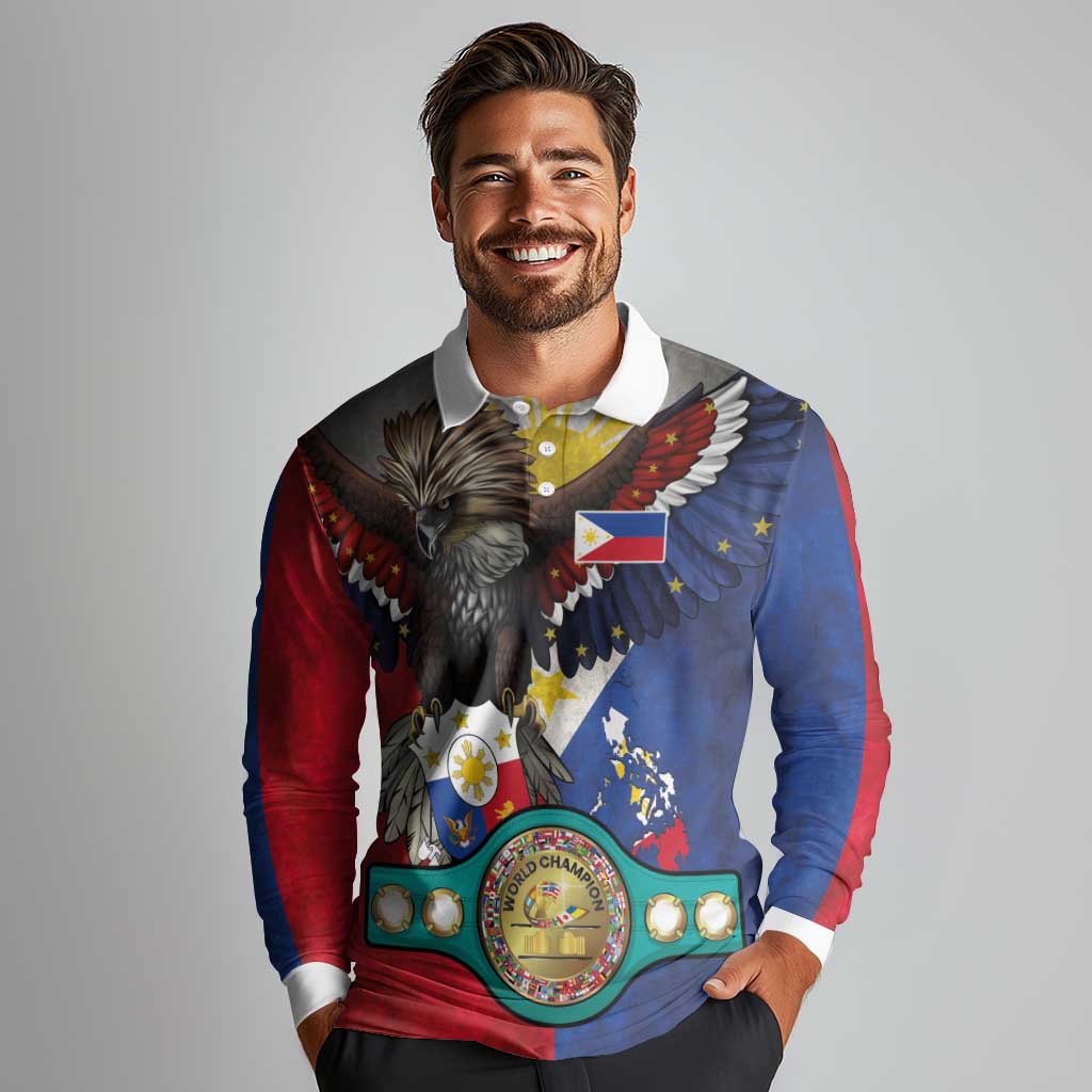 Custom Philippines World Champion Boxing Long Sleeve Polo Shirt Eagle-Grunge Design - Wonder Print Shop