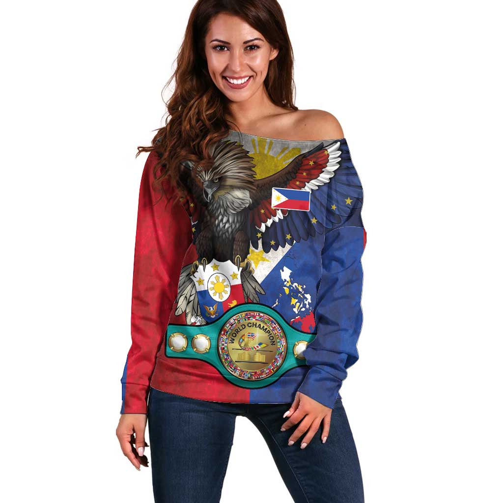 Custom Philippines World Champion Boxing Off Shoulder Sweater Eagle-Grunge Design - Wonder Print Shop