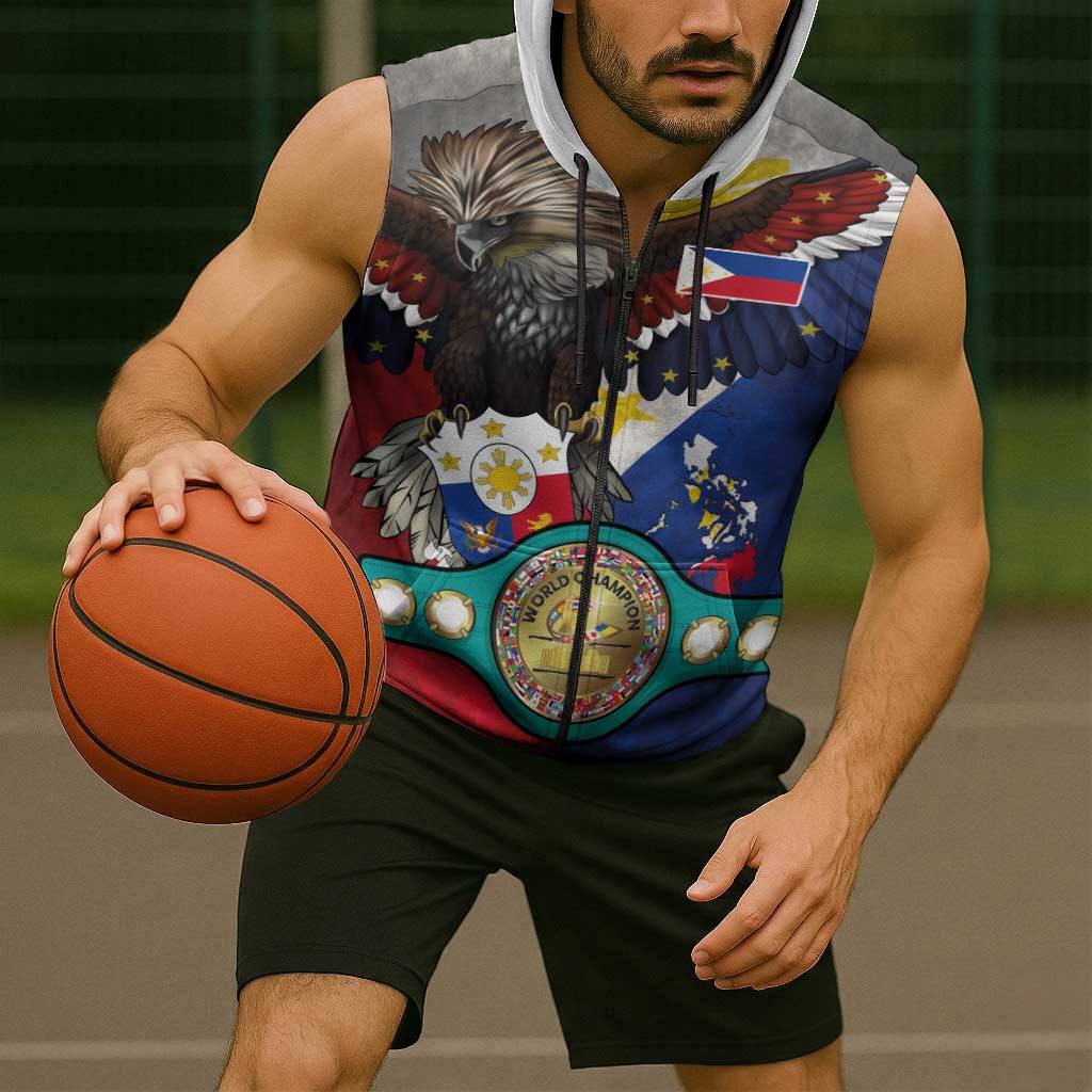 Custom Philippines World Champion Boxing Sleeveless Zip Hoodie Eagle-Grunge Design - Wonder Print Shop