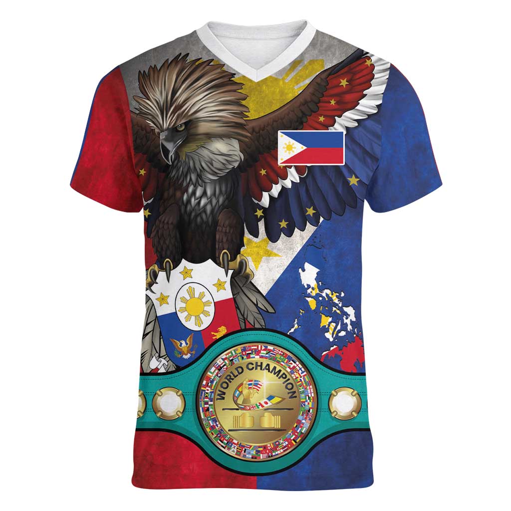 Custom Philippines World Champion Boxing Women V-Neck T-Shirt Eagle-Grunge Design - Wonder Print Shop