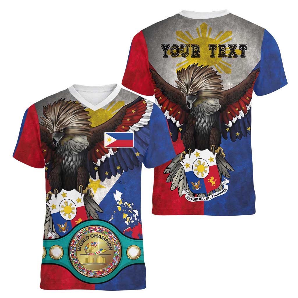 Custom Philippines World Champion Boxing Women V-Neck T-Shirt Eagle-Grunge Design - Wonder Print Shop