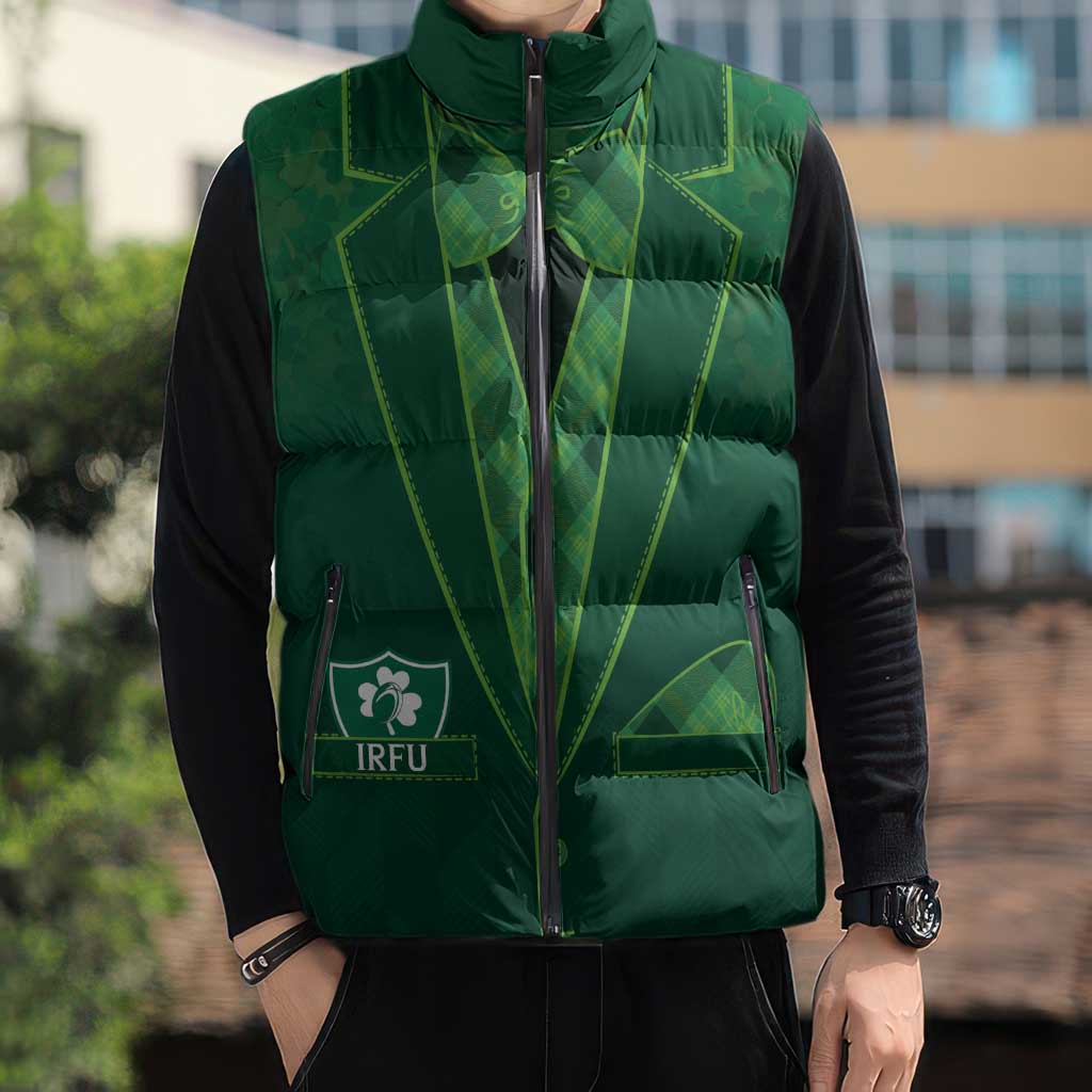 Custom Ireland Rugby Traditional Suit Costume Sleeveless Puffer Jacket Shamrock Sporty Style - Wonder Print Shop