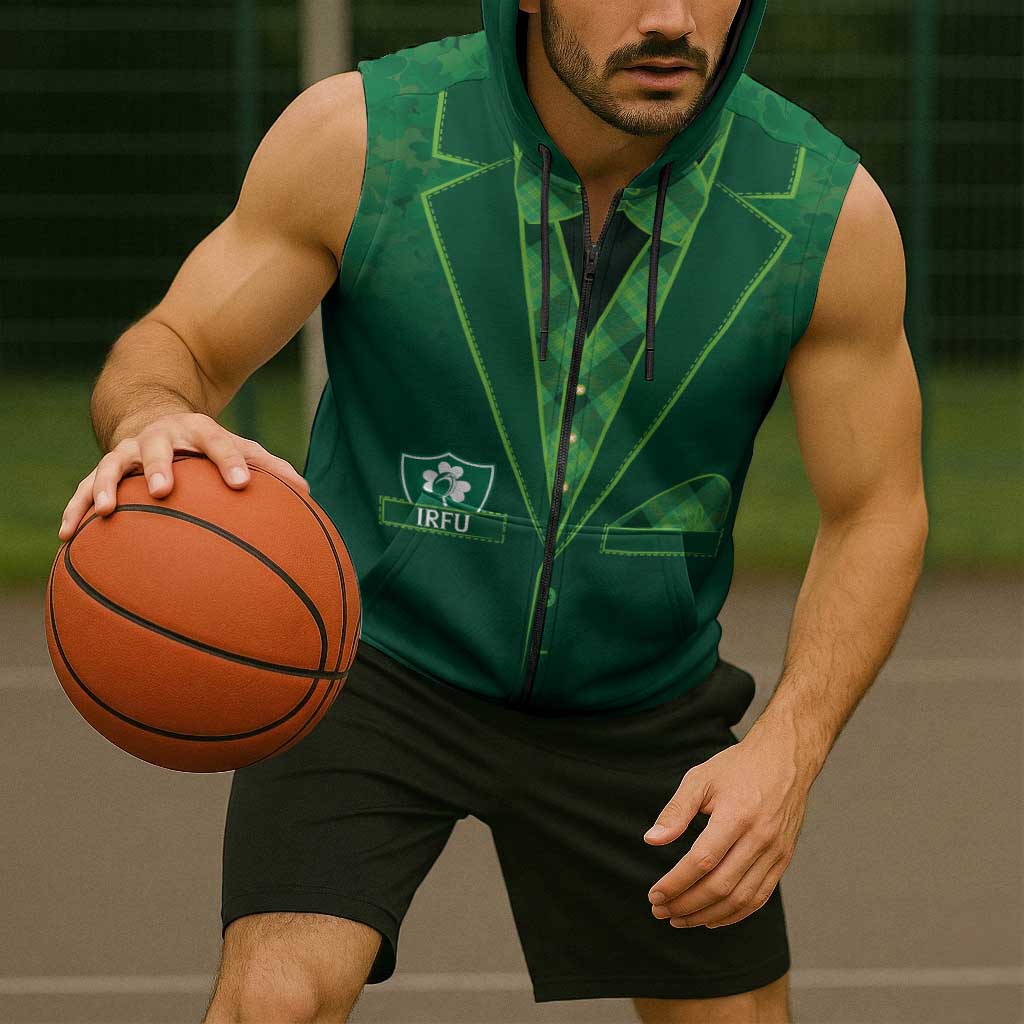 Custom Ireland Rugby Traditional Suit Costume Sleeveless Zip Hoodie Shamrock Sporty Style - Wonder Print Shop