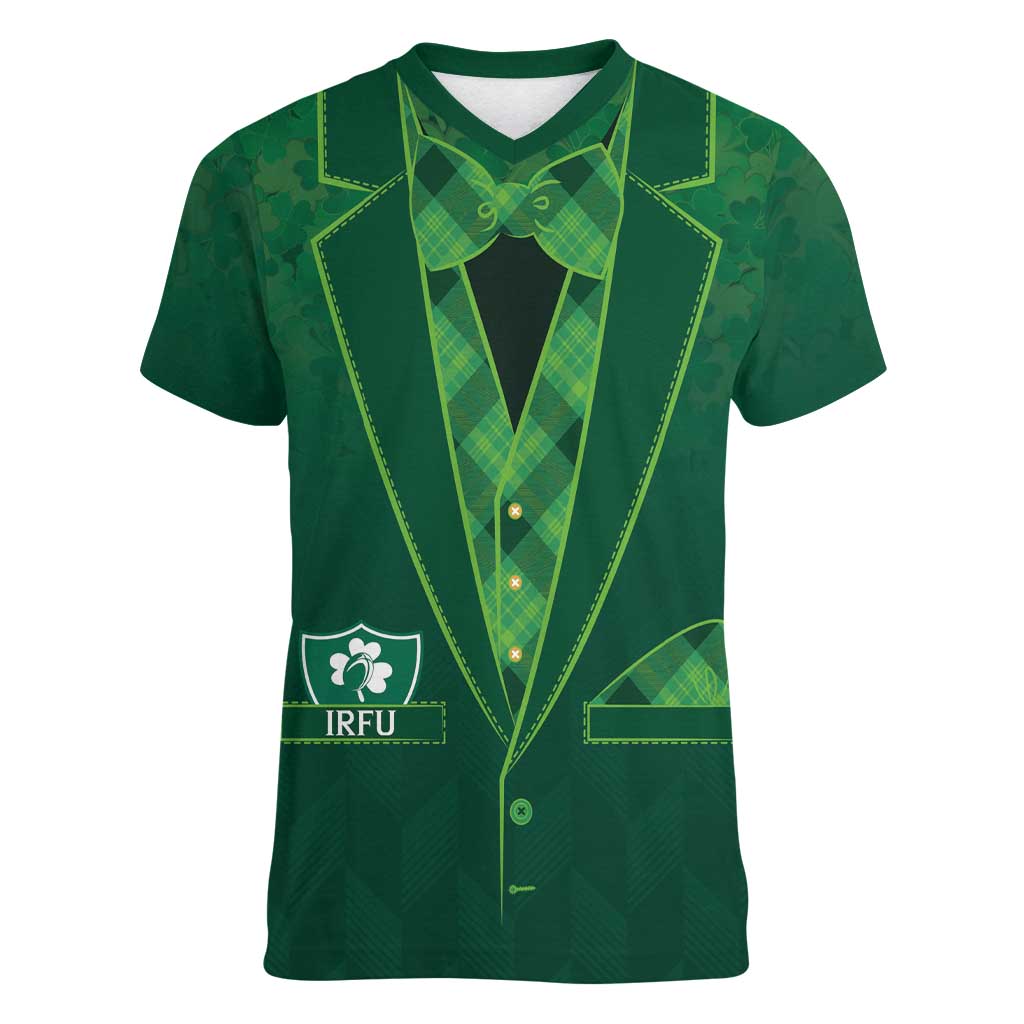 Custom Ireland Rugby Traditional Suit Costume Women V-Neck T-Shirt Shamrock Sporty Style - Wonder Print Shop