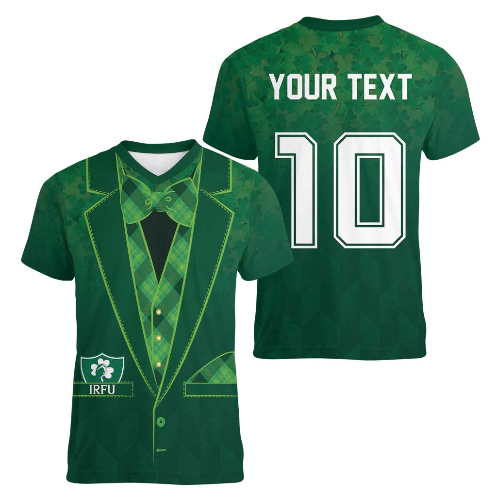 Custom Ireland Rugby Traditional Suit Costume Women V-Neck T-Shirt Shamrock Sporty Style - Wonder Print Shop