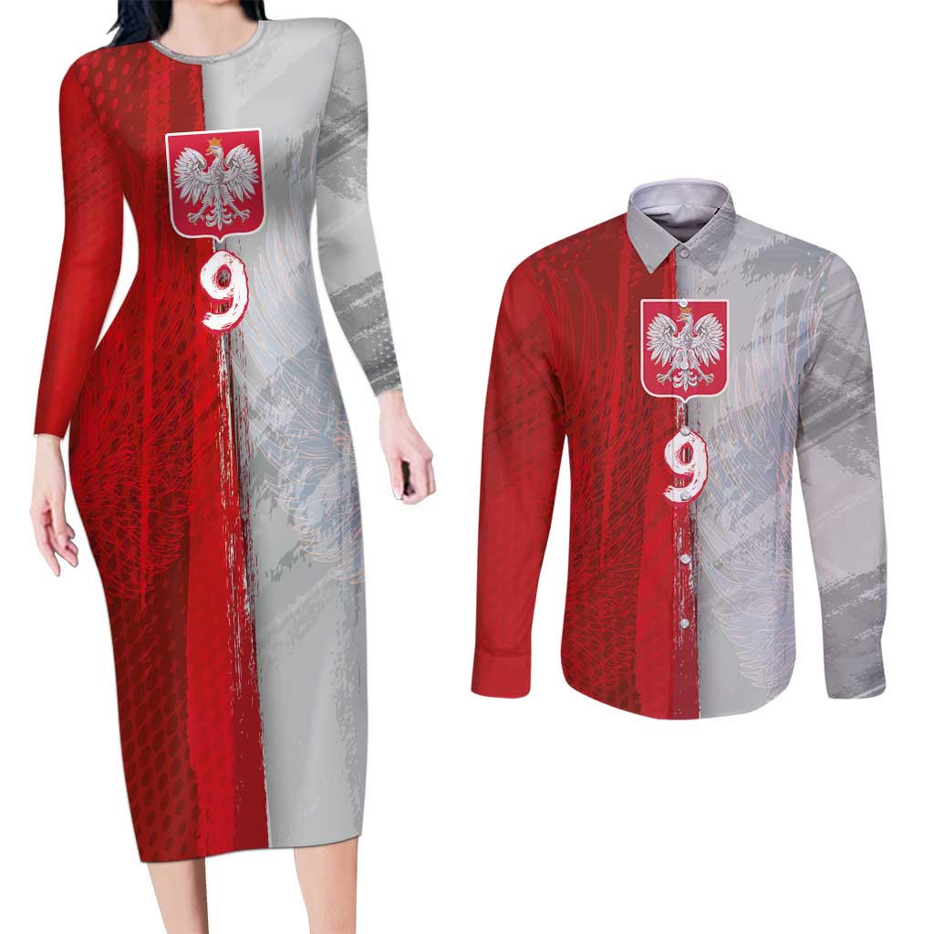 Custom Polish Football Couples Matching Long Sleeve Bodycon Dress and Long Sleeve Button Shirt Eagle Wings Grunge Sporty Half Style - Wonder Print Shop