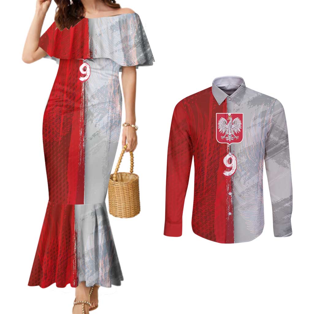 Custom Polish Football Couples Matching Mermaid Dress and Long Sleeve Button Shirt Eagle Wings Grunge Sporty Half Style - Wonder Print Shop