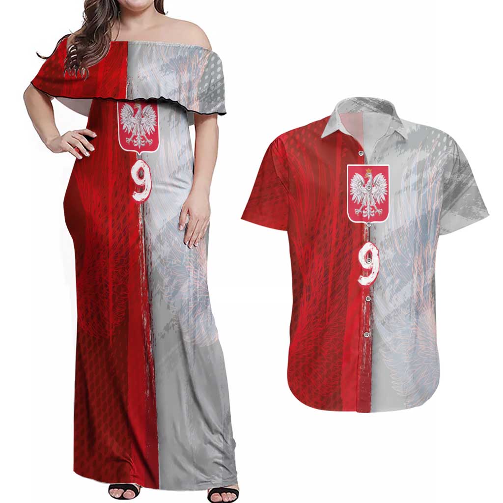 Custom Polish Football Couples Matching Off Shoulder Maxi Dress and Hawaiian Shirt Eagle Wings Grunge Sporty Half Style - Wonder Print Shop