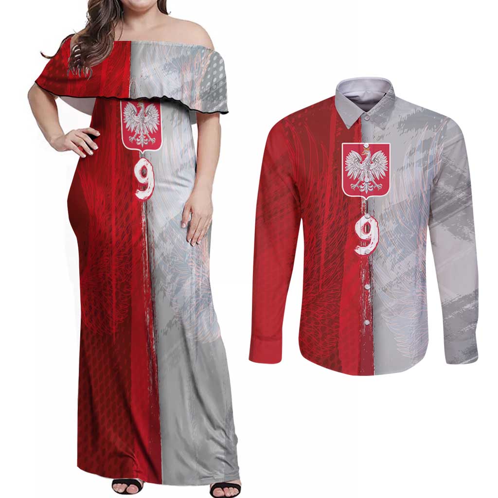 Custom Polish Football Couples Matching Off Shoulder Maxi Dress and Long Sleeve Button Shirt Eagle Wings Grunge Sporty Half Style - Wonder Print Shop