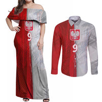 Custom Polish Football Couples Matching Off Shoulder Maxi Dress and Long Sleeve Button Shirt Eagle Wings Grunge Sporty Half Style - Wonder Print Shop