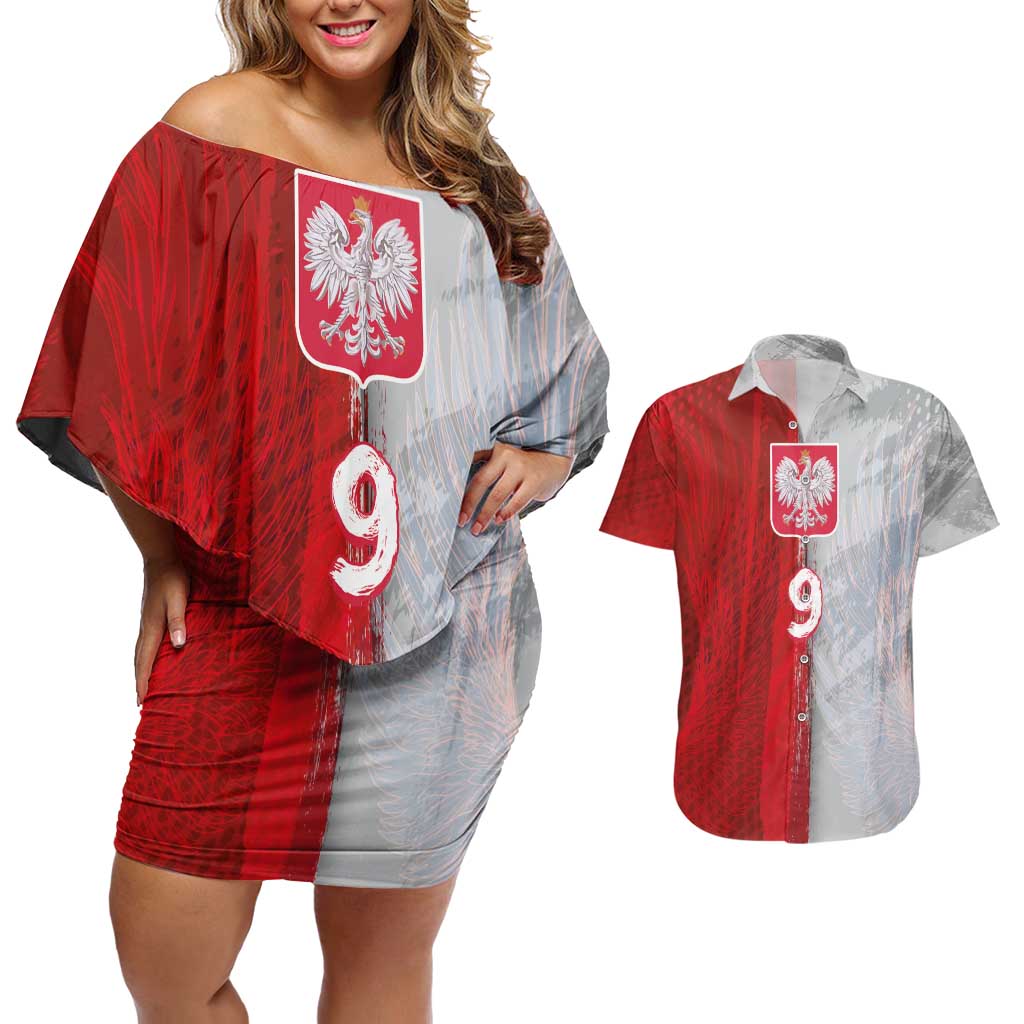 Custom Polish Football Couples Matching Off Shoulder Short Dress and Hawaiian Shirt Eagle Wings Grunge Sporty Half Style - Wonder Print Shop