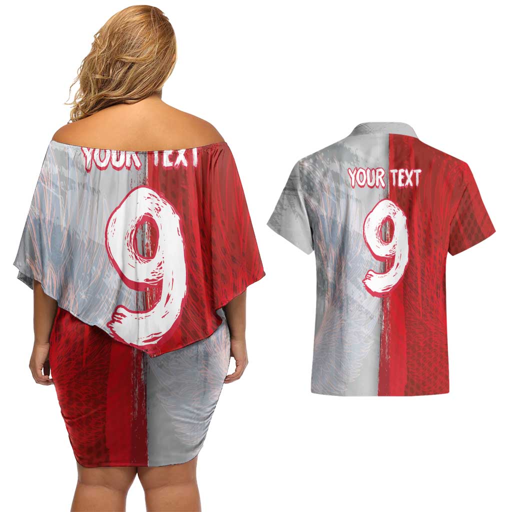Custom Polish Football Couples Matching Off Shoulder Short Dress and Hawaiian Shirt Eagle Wings Grunge Sporty Half Style - Wonder Print Shop