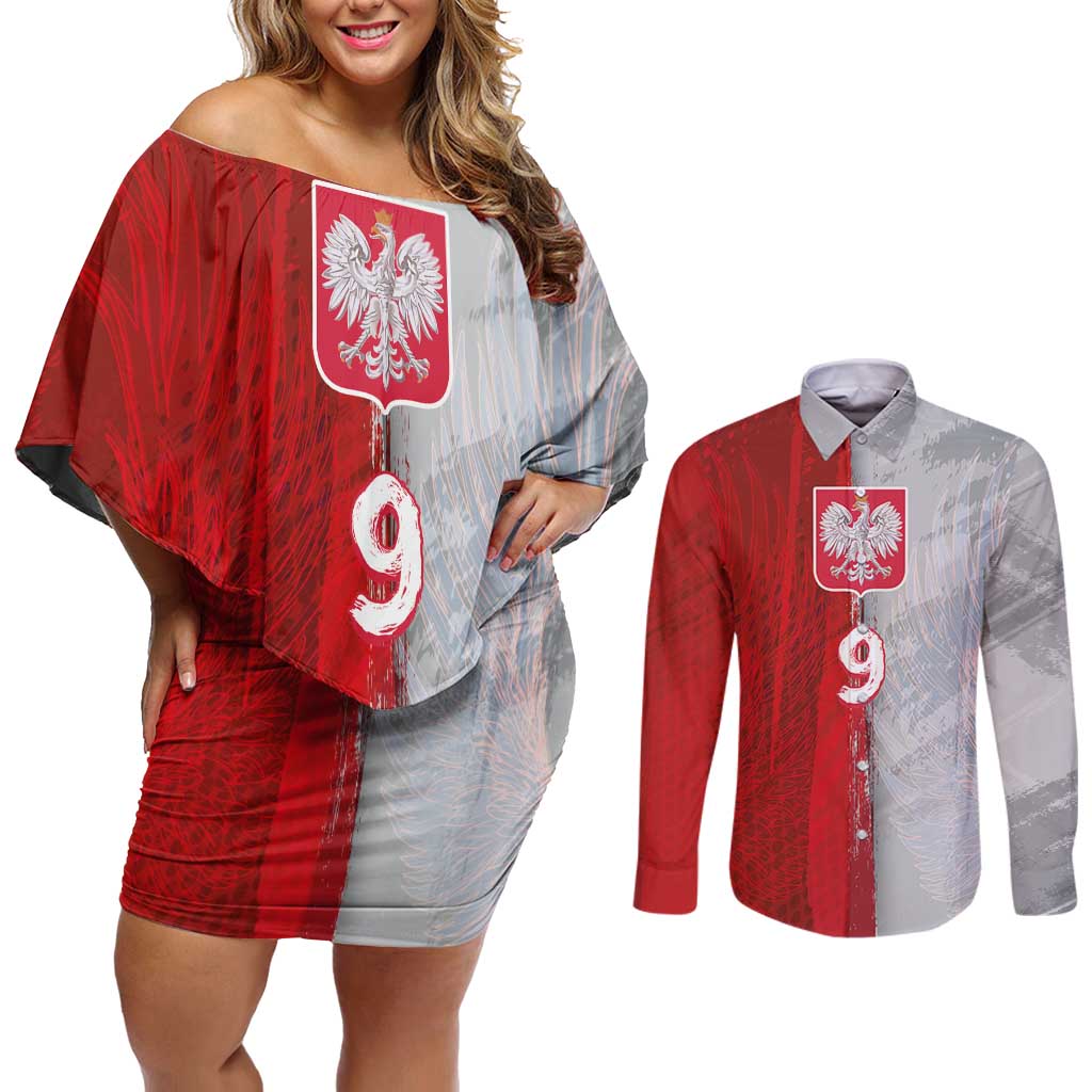 Custom Polish Football Couples Matching Off Shoulder Short Dress and Long Sleeve Button Shirt Eagle Wings Grunge Sporty Half Style - Wonder Print Shop