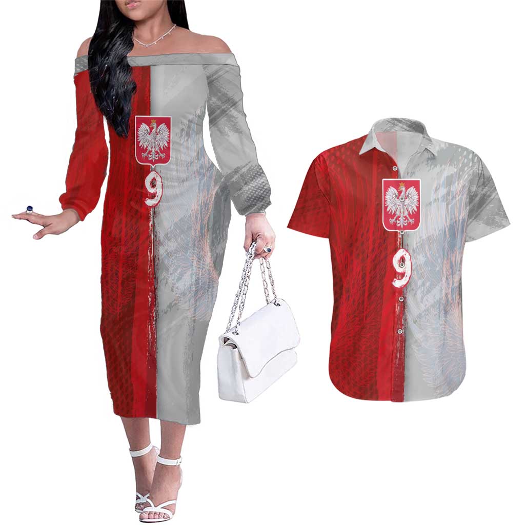 Custom Polish Football Couples Matching Off The Shoulder Long Sleeve Dress and Hawaiian Shirt Eagle Wings Grunge Sporty Half Style - Wonder Print Shop