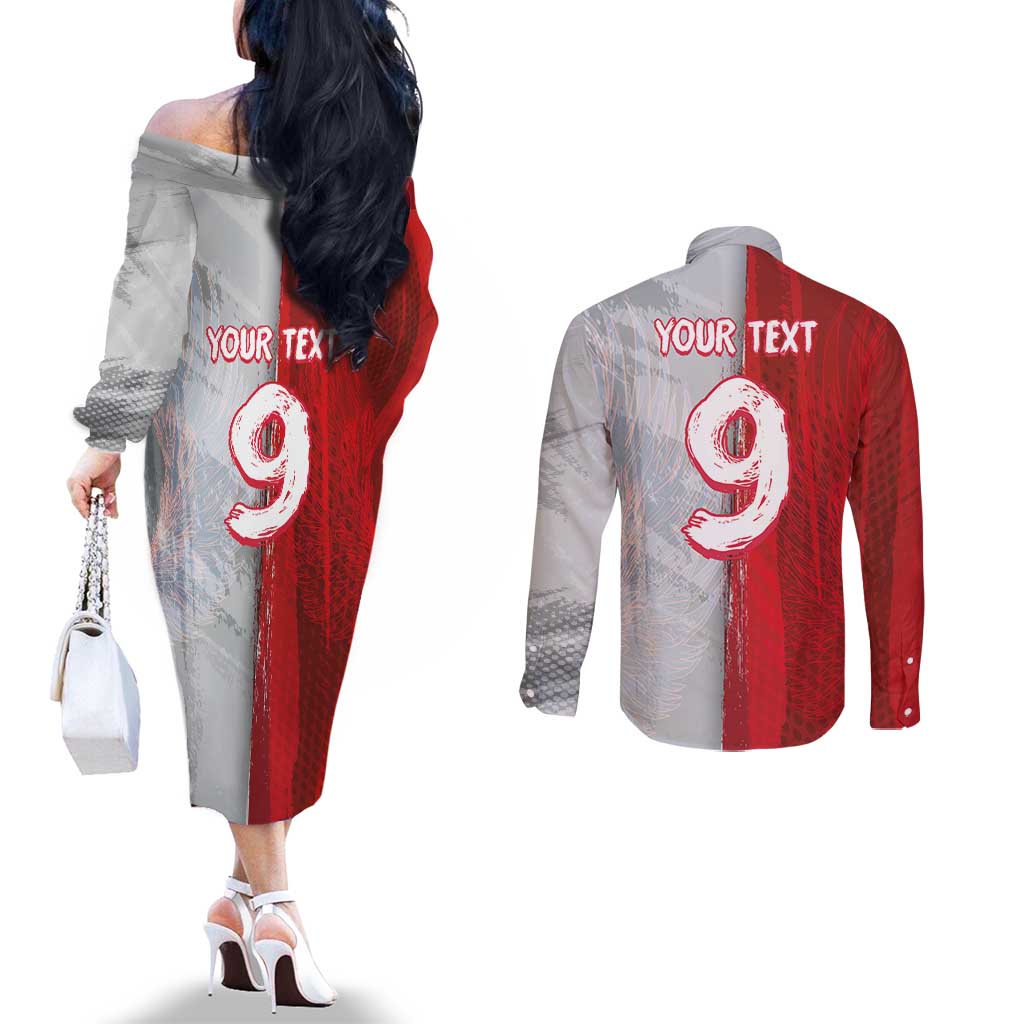 Custom Polish Football Couples Matching Off The Shoulder Long Sleeve Dress and Long Sleeve Button Shirt Eagle Wings Grunge Sporty Half Style - Wonder Print Shop