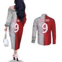 Custom Polish Football Couples Matching Off The Shoulder Long Sleeve Dress and Long Sleeve Button Shirt Eagle Wings Grunge Sporty Half Style - Wonder Print Shop