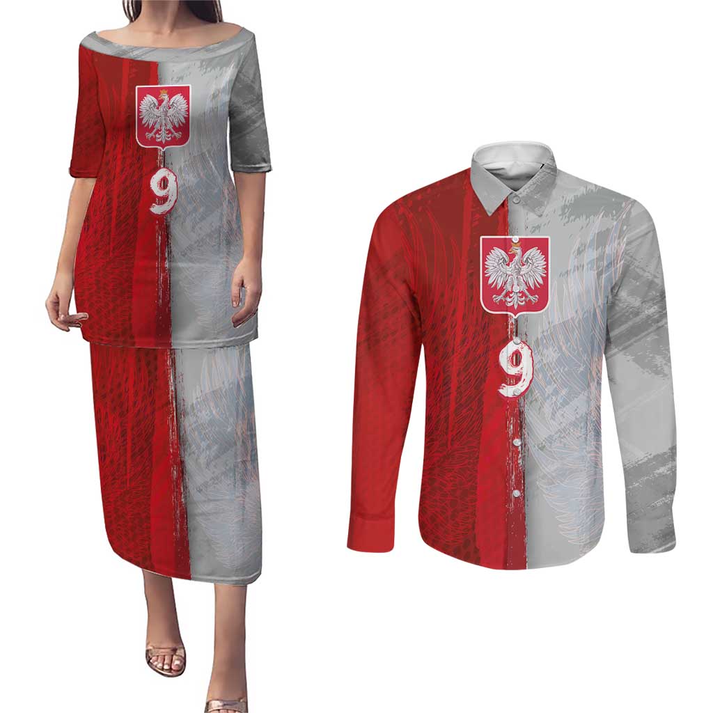 Custom Polish Football Couples Matching Puletasi and Long Sleeve Button Shirt Eagle Wings Grunge Sporty Half Style - Wonder Print Shop