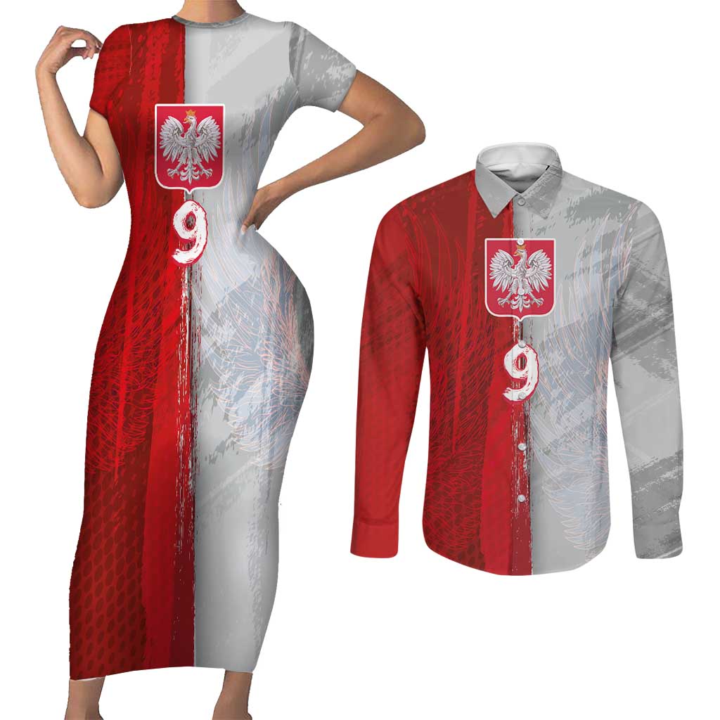 Custom Polish Football Couples Matching Short Sleeve Bodycon Dress and Long Sleeve Button Shirt Eagle Wings Grunge Sporty Half Style - Wonder Print Shop