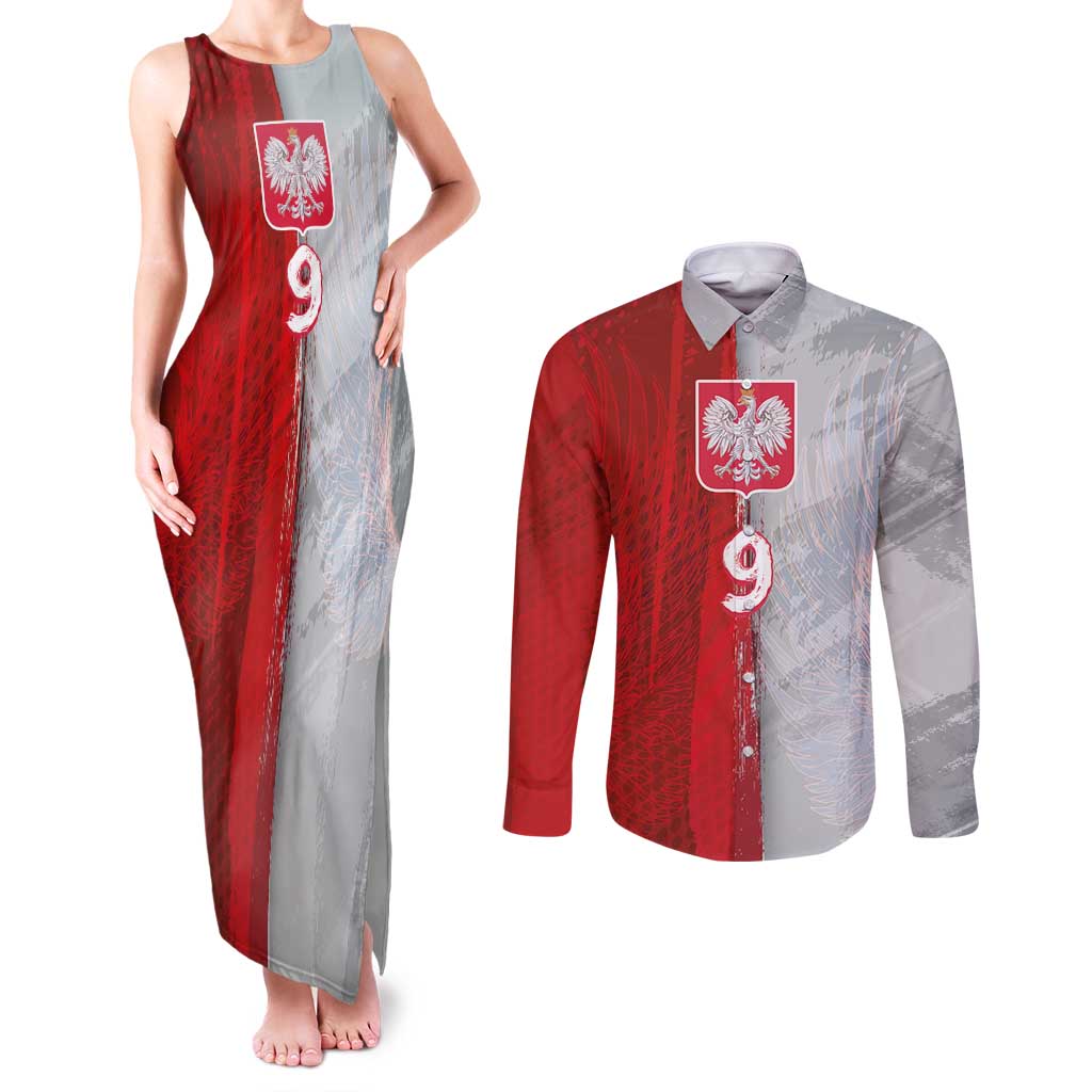 Custom Polish Football Couples Matching Tank Maxi Dress and Long Sleeve Button Shirt Eagle Wings Grunge Sporty Half Style - Wonder Print Shop