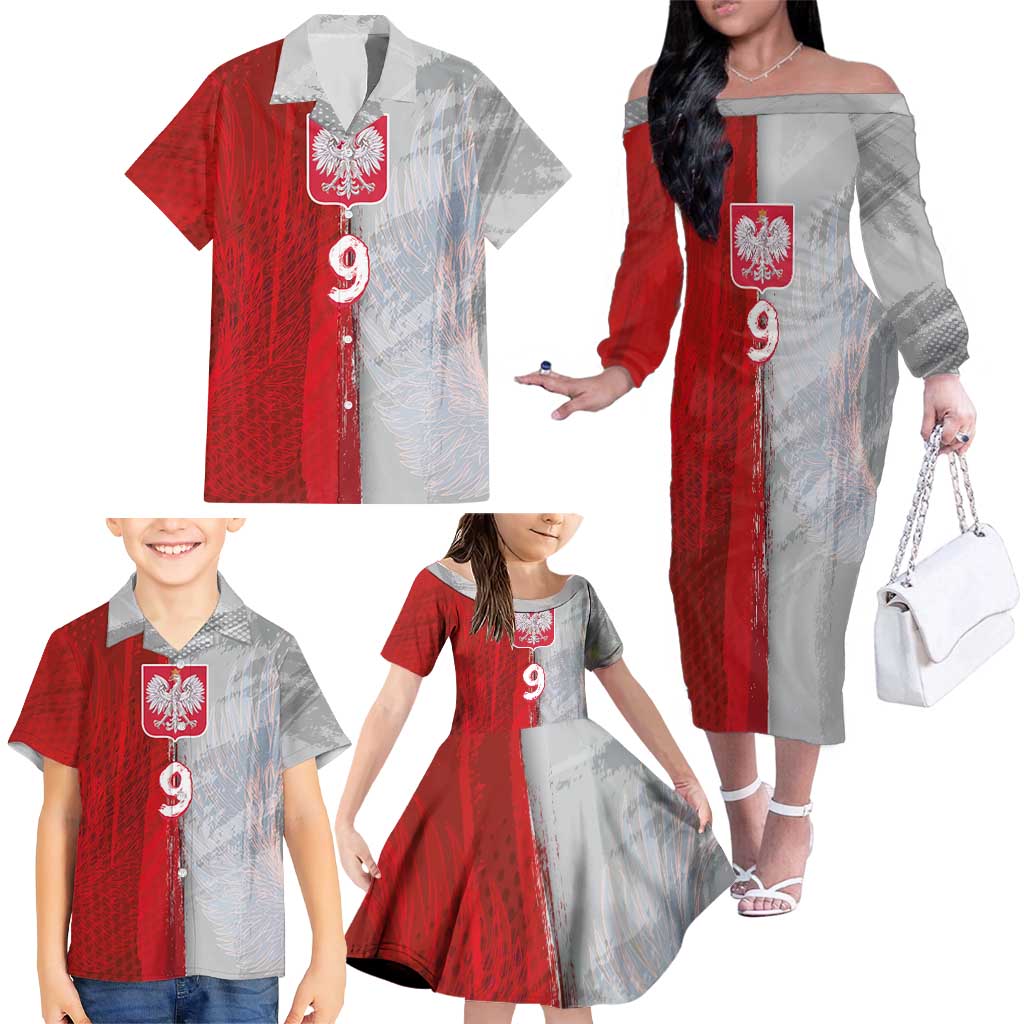 Custom Polish Football Family Matching Off The Shoulder Long Sleeve Dress and Hawaiian Shirt Eagle Wings Grunge Sporty Half Style - Wonder Print Shop