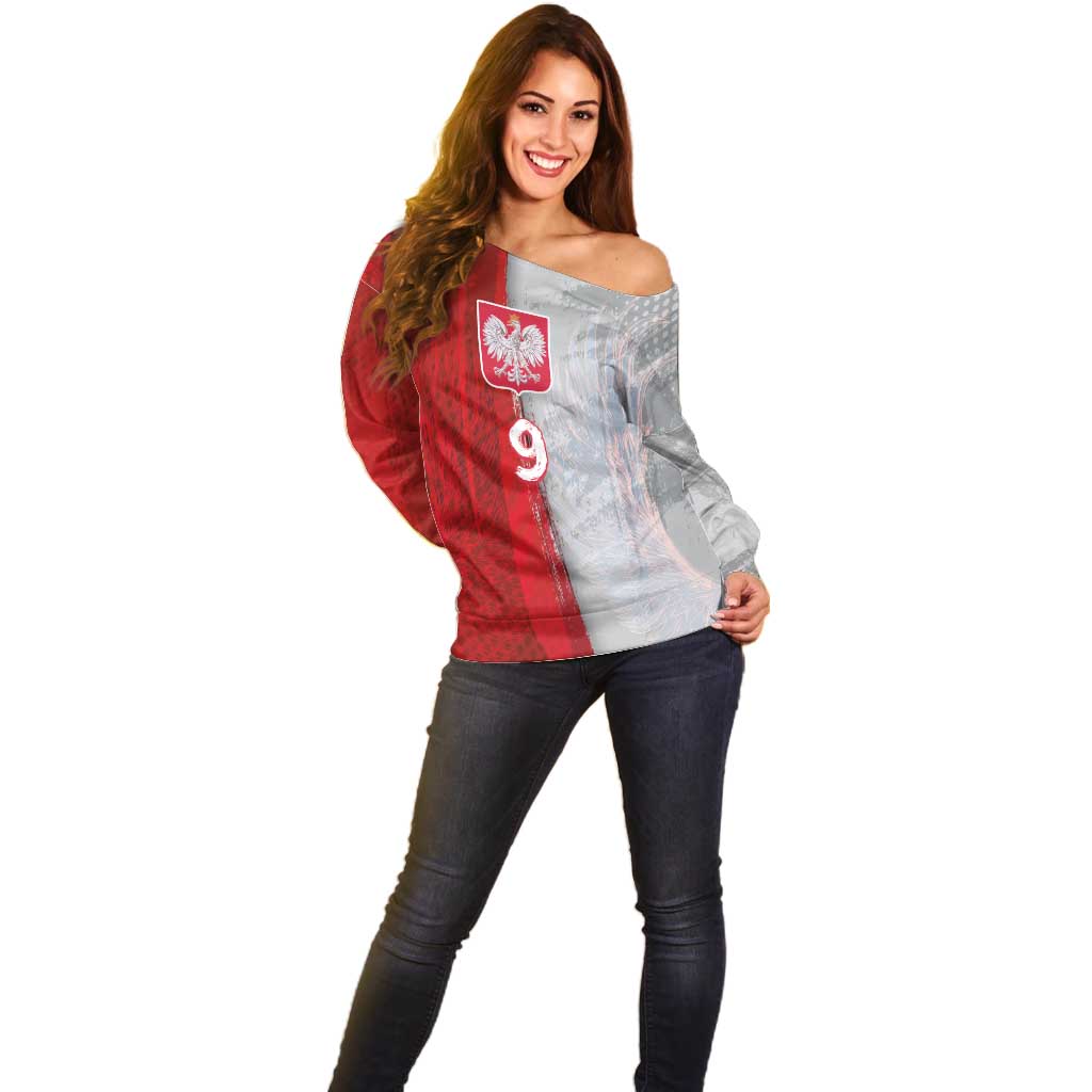 Custom Polish Football Off Shoulder Sweater Eagle Wings Grunge Sporty Half Style - Wonder Print Shop