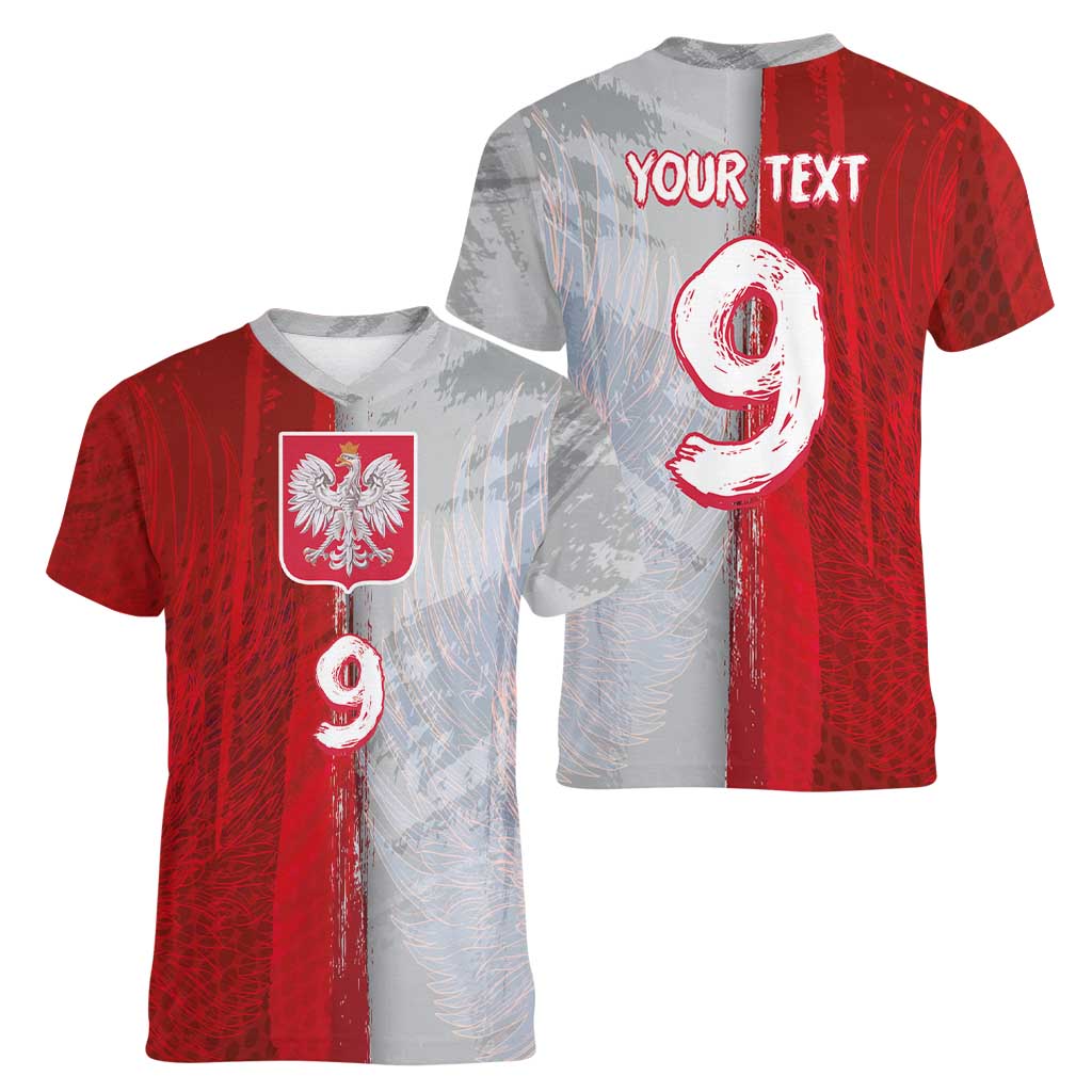 Custom Polish Football Women V-Neck T-Shirt Eagle Wings Grunge Sporty Half Style - Wonder Print Shop
